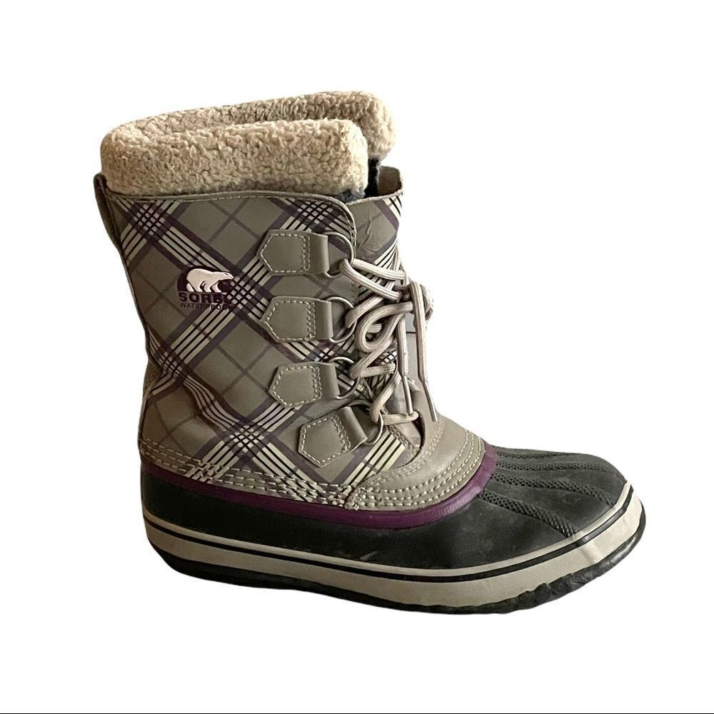 SOREL 1964 PAC Women’s Lace Up Winter Waterproof Snow Boots Grey Purple Plaid 7